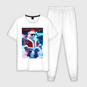Мужская пижама хлопок с принтом Cyber new year   polar bear   ai art в Тюмени, 100% хлопок | брюки и футболка прямого кроя, без карманов, на брюках мягкая резинка на поясе и по низу штанин
 | 