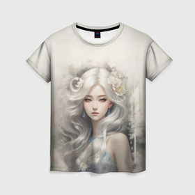 Женская футболка 3D с принтом Платиновая блондинка с цветами в волосах в Петрозаводске, 100% полиэфир ( синтетическое хлопкоподобное полотно) | прямой крой, круглый вырез горловины, длина до линии бедер | 