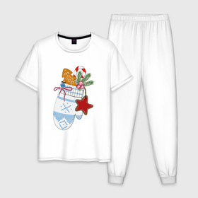 Мужская пижама хлопок с принтом Рукавичка с рождественскими сладостями в Новосибирске, 100% хлопок | брюки и футболка прямого кроя, без карманов, на брюках мягкая резинка на поясе и по низу штанин
 | 