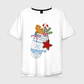 Мужская футболка хлопок Oversize с принтом Рукавичка с рождественскими сладостями в Санкт-Петербурге, 100% хлопок | свободный крой, круглый ворот, “спинка” длиннее передней части | Тематика изображения на принте: 