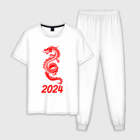 Мужская пижама хлопок с принтом Красный векторный дракон 2024 в Курске, 100% хлопок | брюки и футболка прямого кроя, без карманов, на брюках мягкая резинка на поясе и по низу штанин
 | 
