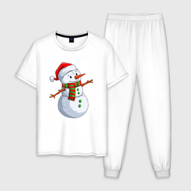 Мужская пижама хлопок с принтом Снеговик в новогоднем колпаке в Тюмени, 100% хлопок | брюки и футболка прямого кроя, без карманов, на брюках мягкая резинка на поясе и по низу штанин
 | 