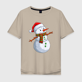 Мужская футболка хлопок Oversize с принтом Снеговик в новогоднем колпаке в Петрозаводске, 100% хлопок | свободный крой, круглый ворот, “спинка” длиннее передней части | 