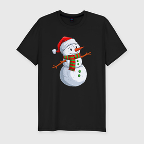 Мужская футболка хлопок Slim с принтом Снеговик в новогоднем колпаке в Курске, 92% хлопок, 8% лайкра | приталенный силуэт, круглый вырез ворота, длина до линии бедра, короткий рукав | 