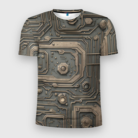 Мужская футболка 3D Slim с принтом Металлическая ржавая обшивка с микросхемами и гайками в Екатеринбурге, 100% полиэстер с улучшенными характеристиками | приталенный силуэт, круглая горловина, широкие плечи, сужается к линии бедра | 