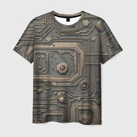 Мужская футболка 3D с принтом Металлическая ржавая обшивка с микросхемами и гайками , 100% полиэфир | прямой крой, круглый вырез горловины, длина до линии бедер | 