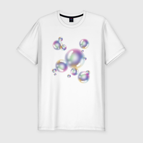 Мужская футболка хлопок Slim с принтом Радужные мыльные пузыри в Екатеринбурге, 92% хлопок, 8% лайкра | приталенный силуэт, круглый вырез ворота, длина до линии бедра, короткий рукав | Тематика изображения на принте: 
