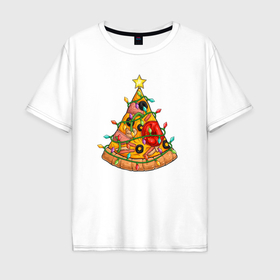 Мужская футболка хлопок Oversize с принтом Новогодняя пицца елка в Петрозаводске, 100% хлопок | свободный крой, круглый ворот, “спинка” длиннее передней части | Тематика изображения на принте: 