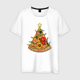 Мужская футболка хлопок с принтом Новогодняя пицца елка в Петрозаводске, 100% хлопок | прямой крой, круглый вырез горловины, длина до линии бедер, слегка спущенное плечо. | Тематика изображения на принте: 