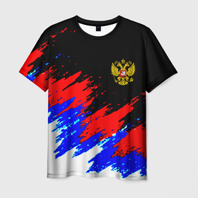 Мужская футболка 3D с принтом Россия триколор герб краски в Новосибирске, 100% полиэфир | прямой крой, круглый вырез горловины, длина до линии бедер | 