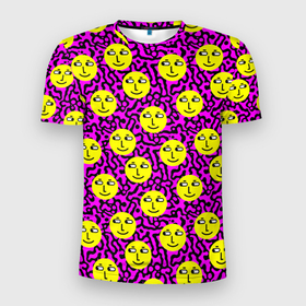 Мужская футболка 3D Slim с принтом Smiley face on violet в Тюмени, 100% полиэстер с улучшенными характеристиками | приталенный силуэт, круглая горловина, широкие плечи, сужается к линии бедра | Тематика изображения на принте: 