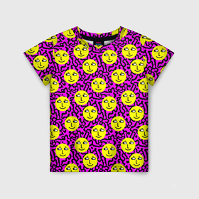 Детская футболка 3D с принтом Smiley face on violet в Белгороде, 100% гипоаллергенный полиэфир | прямой крой, круглый вырез горловины, длина до линии бедер, чуть спущенное плечо, ткань немного тянется | 