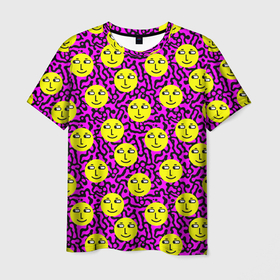 Мужская футболка 3D с принтом Smiley face on violet в Курске, 100% полиэфир | прямой крой, круглый вырез горловины, длина до линии бедер | 