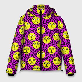 Мужская зимняя куртка 3D с принтом Smiley face on violet в Санкт-Петербурге, верх — 100% полиэстер; подкладка — 100% полиэстер; утеплитель — 100% полиэстер | длина ниже бедра, свободный силуэт Оверсайз. Есть воротник-стойка, отстегивающийся капюшон и ветрозащитная планка. 

Боковые карманы с листочкой на кнопках и внутренний карман на молнии. | 