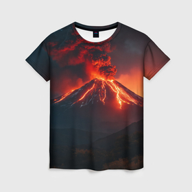 Женская футболка 3D с принтом Извержение вулкана с потоком лавы в Санкт-Петербурге, 100% полиэфир ( синтетическое хлопкоподобное полотно) | прямой крой, круглый вырез горловины, длина до линии бедер | 