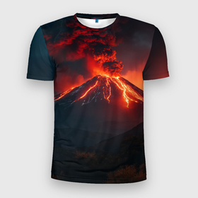 Мужская футболка 3D Slim с принтом Извержение вулкана с потоком лавы , 100% полиэстер с улучшенными характеристиками | приталенный силуэт, круглая горловина, широкие плечи, сужается к линии бедра | Тематика изображения на принте: 