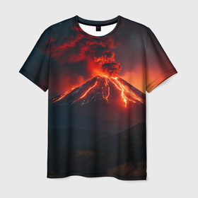 Мужская футболка 3D с принтом Извержение вулкана с потоком лавы , 100% полиэфир | прямой крой, круглый вырез горловины, длина до линии бедер | Тематика изображения на принте: 