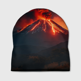 Шапка 3D с принтом Извержение вулкана с потоком лавы , 100% полиэстер | универсальный размер, печать по всей поверхности изделия | Тематика изображения на принте: 
