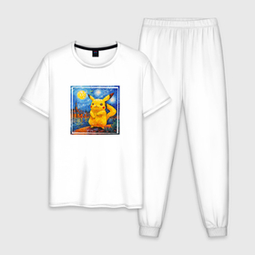 Мужская пижама хлопок с принтом Пикачу звёздной ночью Ван Гога в Курске, 100% хлопок | брюки и футболка прямого кроя, без карманов, на брюках мягкая резинка на поясе и по низу штанин
 | 