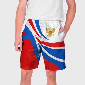 Мужские шорты 3D с принтом Россия   спортивная униформа в Новосибирске,  полиэстер 100% | прямой крой, два кармана без застежек по бокам. Мягкая трикотажная резинка на поясе, внутри которой широкие завязки. Длина чуть выше колен | 