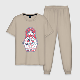 Мужская пижама хлопок с принтом Матрешка с красным петухом по мотивам мезенской росписи , 100% хлопок | брюки и футболка прямого кроя, без карманов, на брюках мягкая резинка на поясе и по низу штанин
 | 