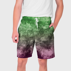 Мужские шорты 3D с принтом Абстракция   фиолетово зеленый бардак ,  полиэстер 100% | прямой крой, два кармана без застежек по бокам. Мягкая трикотажная резинка на поясе, внутри которой широкие завязки. Длина чуть выше колен | 