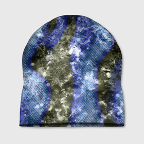 Шапка 3D с принтом Абстракция   гранж синие полосы на сером в Кировске, 100% полиэстер | универсальный размер, печать по всей поверхности изделия | 