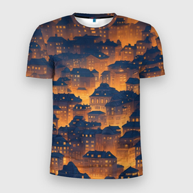 Мужская футболка 3D Slim с принтом Огни ночного города в Екатеринбурге, 100% полиэстер с улучшенными характеристиками | приталенный силуэт, круглая горловина, широкие плечи, сужается к линии бедра | 