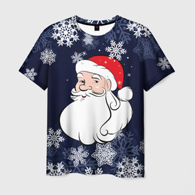 Мужская футболка 3D с принтом Дедушка Мороз и снежинки , 100% полиэфир | прямой крой, круглый вырез горловины, длина до линии бедер | 