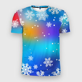 Мужская футболка 3D Slim с принтом Снегопад на Новый год в Екатеринбурге, 100% полиэстер с улучшенными характеристиками | приталенный силуэт, круглая горловина, широкие плечи, сужается к линии бедра | 