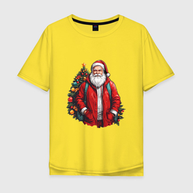 Мужская футболка хлопок Oversize с принтом Санта Клаус у рождественской ёлки в Новосибирске, 100% хлопок | свободный крой, круглый ворот, “спинка” длиннее передней части | 