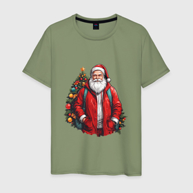 Мужская футболка хлопок с принтом Санта Клаус у рождественской ёлки в Новосибирске, 100% хлопок | прямой крой, круглый вырез горловины, длина до линии бедер, слегка спущенное плечо. | 
