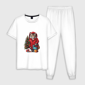 Мужская пижама хлопок с принтом Модник кот в красной куртке у елки с подарками в Курске, 100% хлопок | брюки и футболка прямого кроя, без карманов, на брюках мягкая резинка на поясе и по низу штанин
 | 