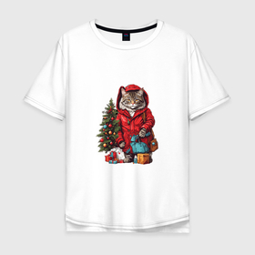 Мужская футболка хлопок Oversize с принтом Модник кот в красной куртке у елки с подарками , 100% хлопок | свободный крой, круглый ворот, “спинка” длиннее передней части | Тематика изображения на принте: 