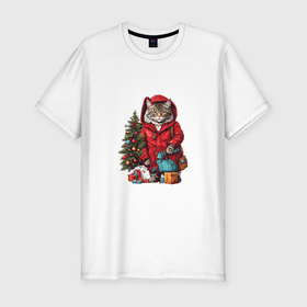 Мужская футболка хлопок Slim с принтом Модник кот в красной куртке у елки с подарками , 92% хлопок, 8% лайкра | приталенный силуэт, круглый вырез ворота, длина до линии бедра, короткий рукав | Тематика изображения на принте: 