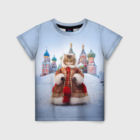 Детская футболка 3D с принтом Новогодняя славянская кошечка в шубке в Екатеринбурге, 100% гипоаллергенный полиэфир | прямой крой, круглый вырез горловины, длина до линии бедер, чуть спущенное плечо, ткань немного тянется | 