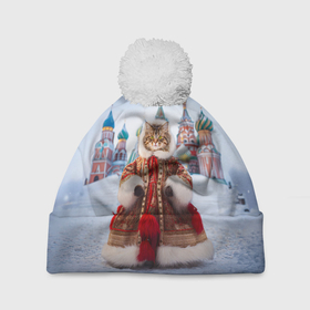 Шапка 3D c помпоном с принтом Новогодняя славянская кошечка в шубке в Петрозаводске, 100% полиэстер | универсальный размер, печать по всей поверхности изделия | 