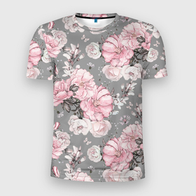 Мужская футболка 3D Slim с принтом Розы розовые на сером в Белгороде, 100% полиэстер с улучшенными характеристиками | приталенный силуэт, круглая горловина, широкие плечи, сужается к линии бедра | 
