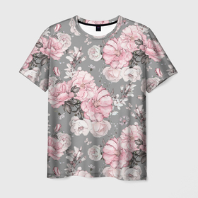 Мужская футболка 3D с принтом Розы розовые на сером в Тюмени, 100% полиэфир | прямой крой, круглый вырез горловины, длина до линии бедер | 