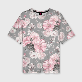 Женская футболка oversize 3D с принтом Розы розовые на сером ,  |  | 