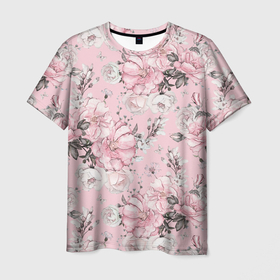 Мужская футболка 3D с принтом Розы белые и розовые в Кировске, 100% полиэфир | прямой крой, круглый вырез горловины, длина до линии бедер | 