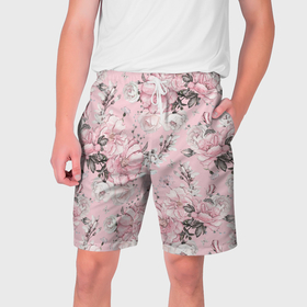 Мужские шорты 3D с принтом Розы белые и розовые в Тюмени,  полиэстер 100% | прямой крой, два кармана без застежек по бокам. Мягкая трикотажная резинка на поясе, внутри которой широкие завязки. Длина чуть выше колен | 