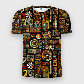 Мужская футболка 3D Slim с принтом Африканский этнический орнамент в Белгороде, 100% полиэстер с улучшенными характеристиками | приталенный силуэт, круглая горловина, широкие плечи, сужается к линии бедра | Тематика изображения на принте: 