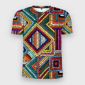 Мужская футболка 3D Slim с принтом Этнический узор вышивка в Курске, 100% полиэстер с улучшенными характеристиками | приталенный силуэт, круглая горловина, широкие плечи, сужается к линии бедра | 