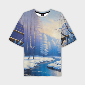 Мужская футболка oversize 3D с принтом Зимний пейзаж с рекой в лесу в Новосибирске,  |  | Тематика изображения на принте: 