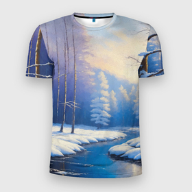 Мужская футболка 3D Slim с принтом Зимний пейзаж с рекой в лесу в Новосибирске, 100% полиэстер с улучшенными характеристиками | приталенный силуэт, круглая горловина, широкие плечи, сужается к линии бедра | Тематика изображения на принте: 