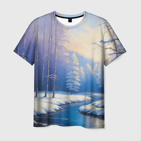 Мужская футболка 3D с принтом Зимний пейзаж с рекой в лесу в Новосибирске, 100% полиэфир | прямой крой, круглый вырез горловины, длина до линии бедер | 