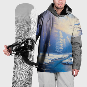 Накидка на куртку 3D с принтом Зимний пейзаж с рекой в лесу в Новосибирске, 100% полиэстер |  | Тематика изображения на принте: 