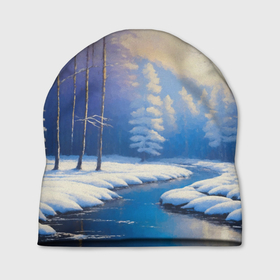 Шапка 3D с принтом Зимний пейзаж с рекой в лесу в Курске, 100% полиэстер | универсальный размер, печать по всей поверхности изделия | 