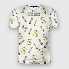 Мужская футболка 3D Slim с принтом Стальная броня   буквеный паттерн в Тюмени, 100% полиэстер с улучшенными характеристиками | приталенный силуэт, круглая горловина, широкие плечи, сужается к линии бедра | 